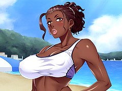 Busty black chick drools on a delicious cock on the beach