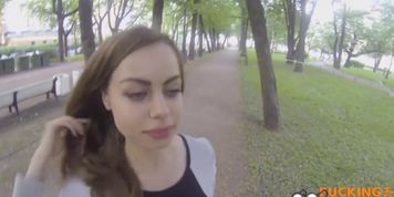 Skinny brunette blows cock