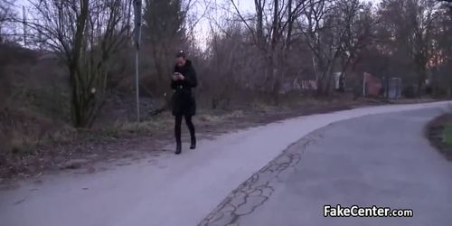 Shy brunette fucking in public
