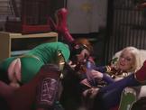Busty pornstars in Captain Marvel parody sucking a cock