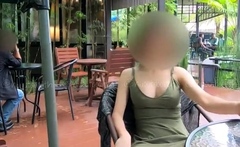 Public flashing in the cafe without panties.