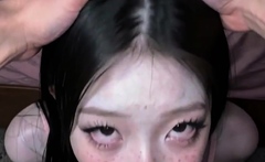 Girl with long black hair kneels for deepthroat on bedroom
