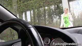 Stranded blonde beauty Karina Grand fucked in the woods