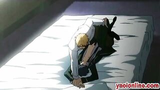 Tied hentai guy screwed up in bed