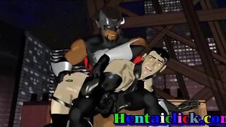 Muscular hentai hunk gangbanged and cummed