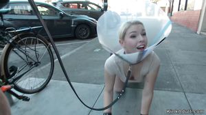 Sexy slave group public toyed in shop