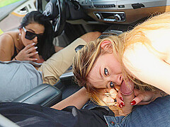 Brunette & blonde babes sloppy blowjobs, pounded doggy outdoors at Swhores