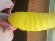 Goth with piercings gives up close blowjob