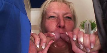 GRANDMA FRIENDS - Two repairmen fuck busty grandma from both ends