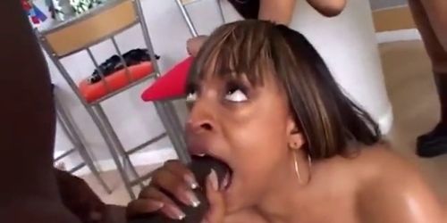 These two sexy black babes with big asses get fucked by two ebony cocks