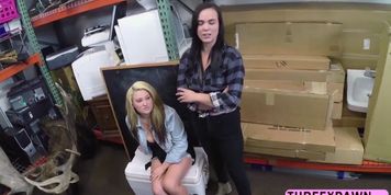 Big cock pervert pawnshop owner fucks two amazing ass lesbian