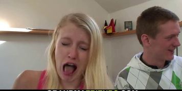 GRANDMA FRIENDS - Very old hairy blonde granny swallows two cocks