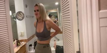 Sexy Girl Working out with Remote Control Sex Toy in Public Gym