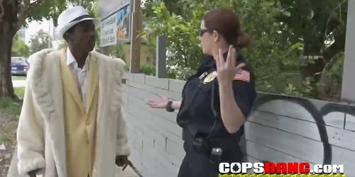 Scrawny pimp is subdued into drilling perverted milf cops