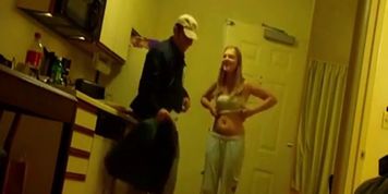 Blonde Girlfriend Posing And Flashing With Pizza Boy