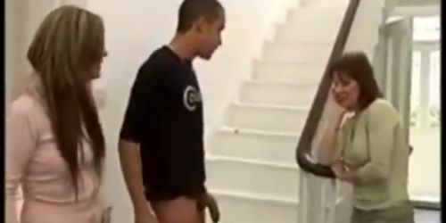 British Mother and Daughter admire Black cock CFNM