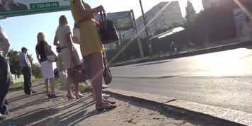 Wonderful upskirt flash with petite brunette girl