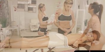 Oriental girl make out with hot masseuse on the table (Ayumi Anime, Jessa Rhodes)