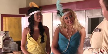 WHORNY FILMS i92os orgy parody two blondes and a brunette share a set of cocks (Lisa Ann, Sunny Leone)