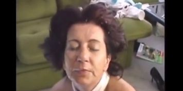 Submissive granny fucked by a guy get big facial while hubby recording