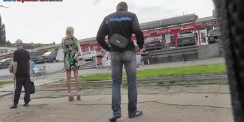 Sexy girl in platform shoes surprises with upskirt view