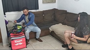 No money for the delivery guy, we decide to fuck him instead. My girlfriend squirts so hard while he's playing with us