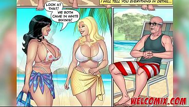 ¡Chicas guapas en bikinis blancos mojados arruinan el viaje a la casa de playa! Pops, el viejo pervertido de los dibujos animados.