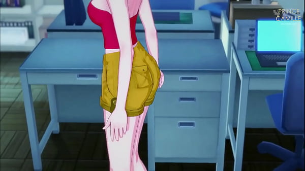 Una chica de anime se excita en el laboratorio.